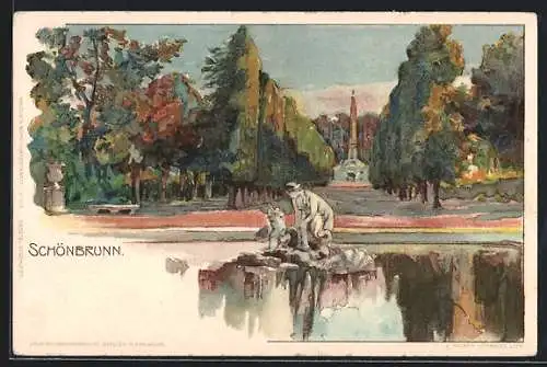 Lithographie Wien, Partie im Park von Schönbrunn