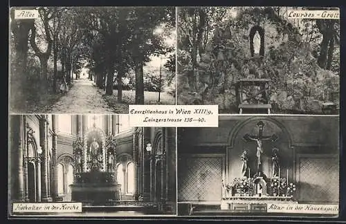 AK Wien, Exerzitienhaus, Lainzerstrasse 136 - 40, Allee, Lourdes-Grotte, Hochaltar in der Kirche u. Hauskapelle