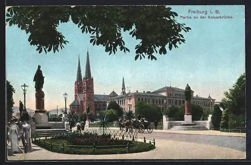 AK Freiburg / Breisgau, Kaiserbrücke, Spaziergänger, Kutsche