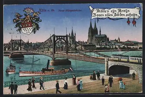 AK Köln, Panorama mit Hängebrücke und Dampfschiff auf dem Rhein