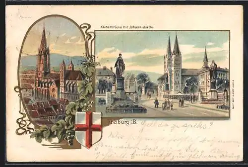 Lithographie Freiburg /B., Kaiserbrücke und Johanniskirche