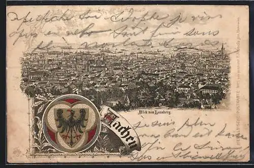 Lithographie Aachen, Totalansicht, Wappen