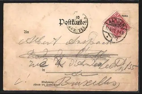 Lithographie Aachen, Totalansicht, Wappen