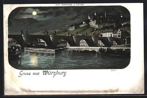 Lithographie Würzburg, Alte Mainbrücke und Festung