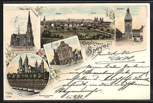 Lithographie Speyer, Altpörtel, Dom, Totalansicht