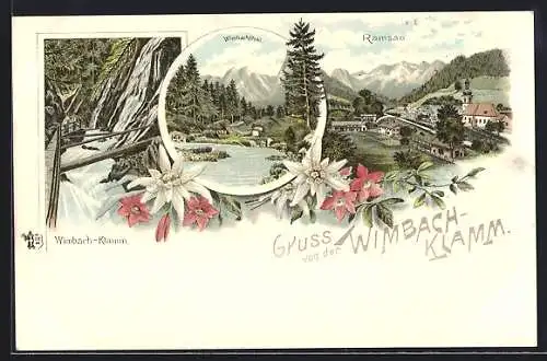 Lithographie Ramsau / Berchtesgaden, Wimbach-Klamm, Ortsansicht aus der Vogelschau
