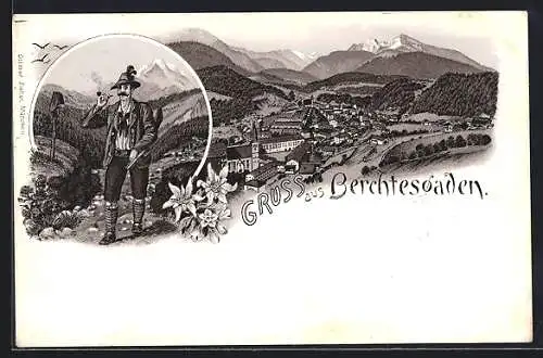 Lithographie Berchtesgaden, Jäger in den Bergen, Gesamtansicht aus der Vogelschau