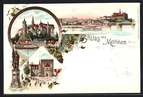 Lithographie Meissen, Ortsansicht mit Schloss und Rathaus