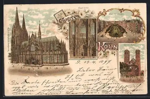 Lithographie Köln, Blick auf den Dom, Gereons Kirche