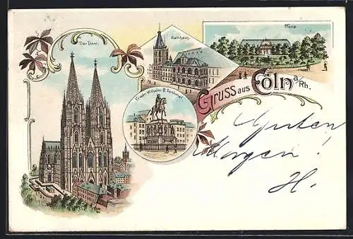 Lithographie Köln, Der Dom, Rathaus, Flora, Denkmal