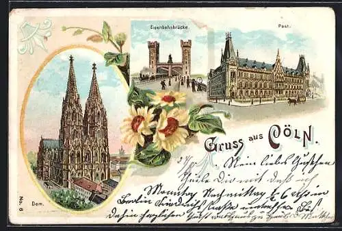Lithographie Cöln, Post, Eisenbahnbrücke, Dom aus der Vogelschau