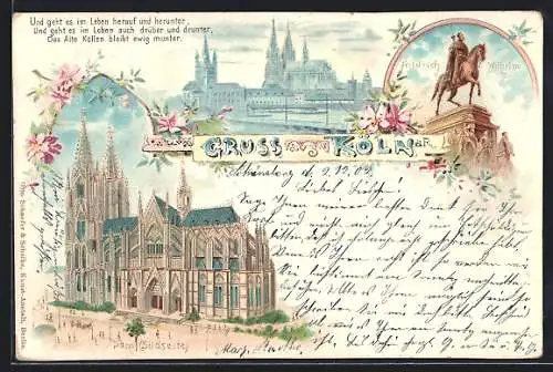 Lithographie Köln a. R., Dom, Friedrich-Reiterdenkmal, Teilansicht