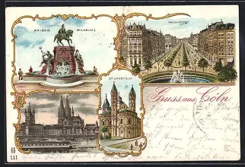 Lithographie Cöln, Hohenstaufenring aus der Vogelschau, Denkmal Kaiser Wilhelm I., Teilansicht