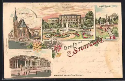 Lithographie Stuttgart, Polytechnikum, Eugens Brunnen, Königsbau