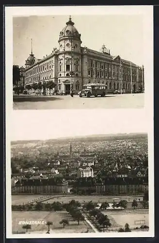 AK Konstanz, Eckgebäude mit Kuppelturm und Autobus, Ortsansicht von einer Sportanlage aus