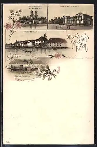 Lithographie Friedrichshafen, Kgl. Schloss, Kurhaus, Bodensee Dampfer