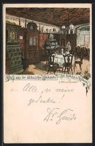 Vorläufer-Lithographie Heilbronn, 1892, Gasthaus Weinstube zum Käthchen von Heilbronn, Innenansicht