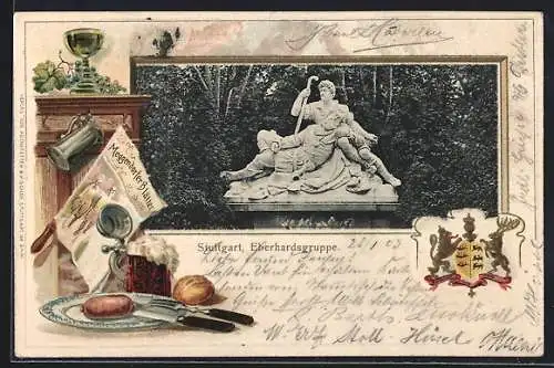 Passepartout-Lithographie Stuttgart, Eberhardsgruppe, Gedeckter Tisch und Wappen