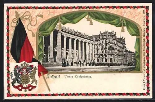 Passepartout-Lithographie Stuttgart, Untere Königstrasse mit Soldaten