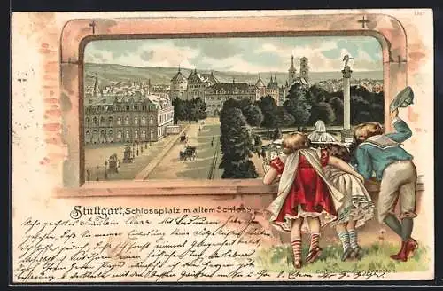 Passepartout-Lithographie Stuttgart, Schlossplatz mit altem Schloss