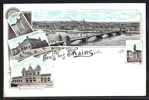 Lithographie Mainz, Portal des Zentralbahnhofs, Stadthalle, Gutenberg Denkmal
