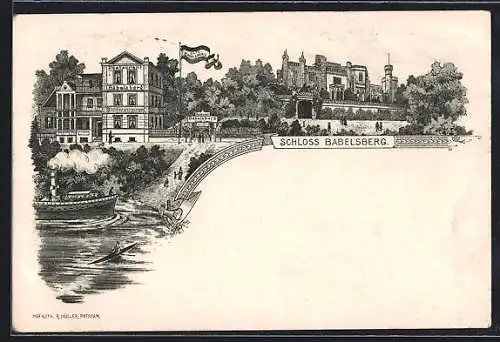Lithographie Potsdam, Restaurant-Cafe und Schloss Babelsberg mit Dampfer, vom Wasser gesehen