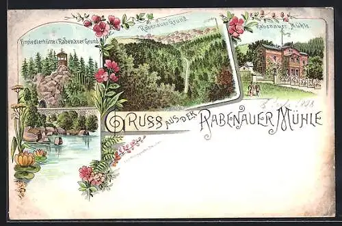 Lithographie Rabenau / Sachsen, Mühle, Einsiedlerhütte im Rabenauer Grund