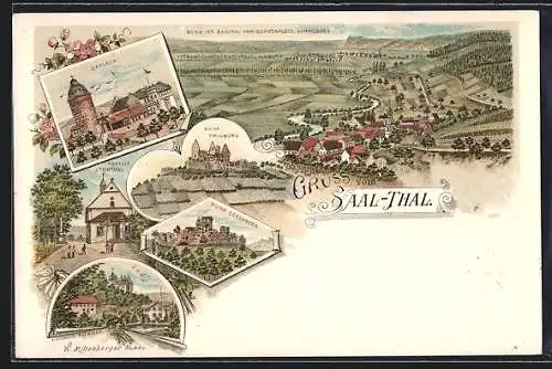 Lithographie Saaleck /Saale, Saalthal mit Ort vom Lager Hammelburg aus, Gasthaus Saaleck m. Turm, Kapelle Steinthal