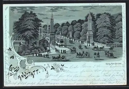 Mondschein-Lithographie Cannstatt, König Karl-Brücke mit Strassenbahn und Kutschen