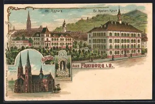 Lithographie Freiburg i. B., Panorama mit St. Agnes und St. Marien-Haus, Johannes-Kirche