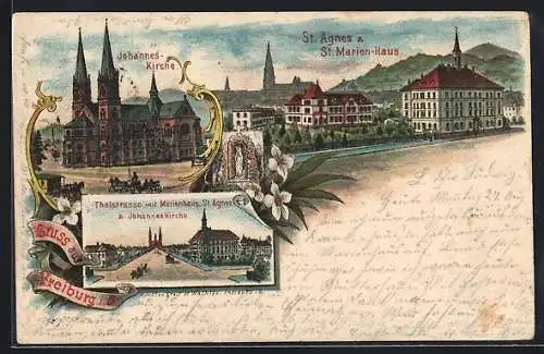 Lithographie Freiburg i. B., Stadtpanorama mit St. Agnes und St. Marien-Haus, Thalstrasse mit Johannes-Kirche