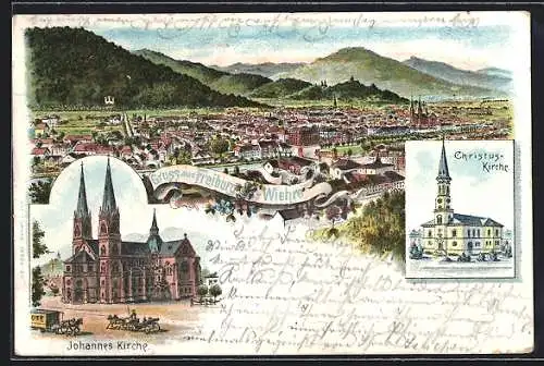 Lithographie Freiburg-Wiehre / Breisgau, Johannes-Kirche mit Pferdebahn, Ortsansicht mit Blick in die Berge