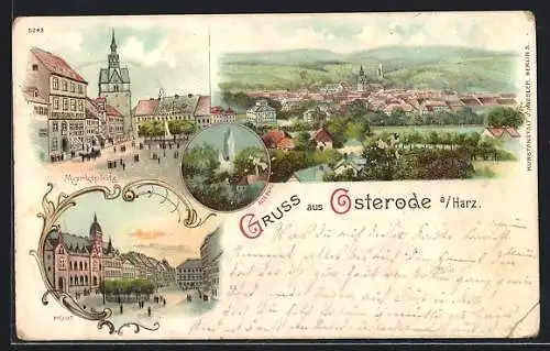 Lithographie Osterode a. Harz, Marktplatz-Partie, Post mit Strasse, Ortsansicht
