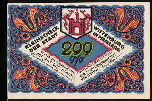 Notgeld Wittenburg 1921, 299 Pfennig, Kleinscheck der Stadt mit Wappen, Mann ohne Hosen auf Ball