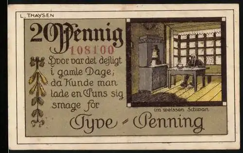 Notgeld Tondern 1920, 20 Pfennig, Illustration einer Person am Tisch und Stadtwappen mit Text auf Dänisch und Deutsch