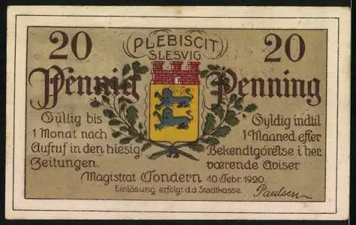 Notgeld Tondern 1920, 20 Pfennig, Illustration einer Person am Tisch und Stadtwappen mit Text auf Dänisch und Deutsch