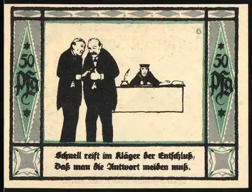 Notgeld Mülsen-St. Jacob 1921, 50 Pf, mit zwei Männern und Richter im Gerichtssaal, zwei Löwen mit Wappen