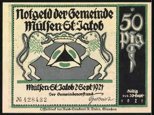 Notgeld Mülsen-St. Jacob 1921, 50 Pf, mit zwei Männern und Richter im Gerichtssaal, zwei Löwen mit Wappen