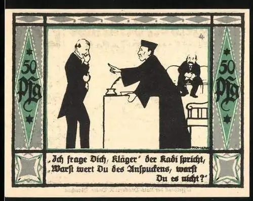 Notgeld Mülsen-St. Jakob 1921, 50 Pfennig, Zwei Löwen halten Wappen, Kadi spricht zu Kläger