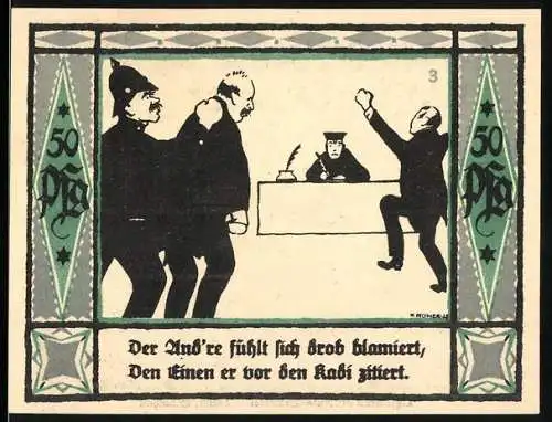 Notgeld Mülsen-St. Jacob 1921, 50 Pfennig, Illustration einer Gerichtsszene mit Polizei und Löwenwappen