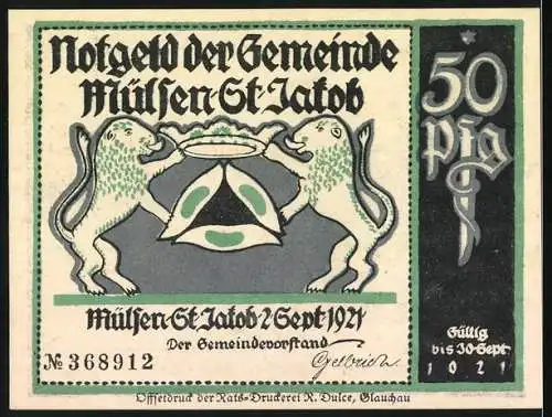 Notgeld Mülsen-St. Jacob 1921, 50 Pfennig, Illustration einer Gerichtsszene mit Polizei und Löwenwappen