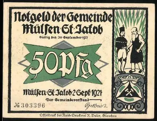 Notgeld Mülsen-St. Jacob 1921, 50 Pfennig, Schriftzug und Wappen, zwei betrunkene Männer an Laternenpfosten