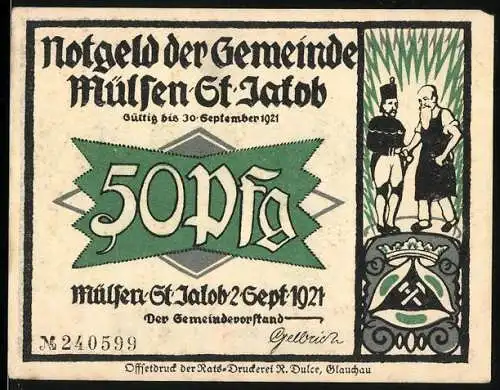 Notgeld Mülsen-St. Jacob, 1921, 50 Pfennig, vorne zwei Männer und Wappen, hinten drei Männer und Spruch