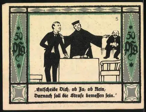 Notgeld Mülsen-St. Jacob, 1921, 50 Pfennig, vorne zwei Männer und Wappen, hinten drei Männer und Spruch