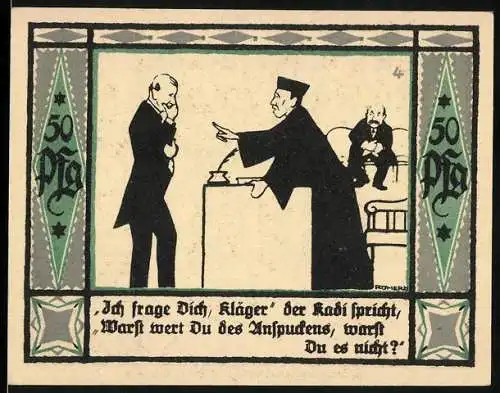 Notgeld Mülsen-St. Jacob 1921, 50 Pf, Gerichtsszene, Wappen und Arbeiter-Motiv