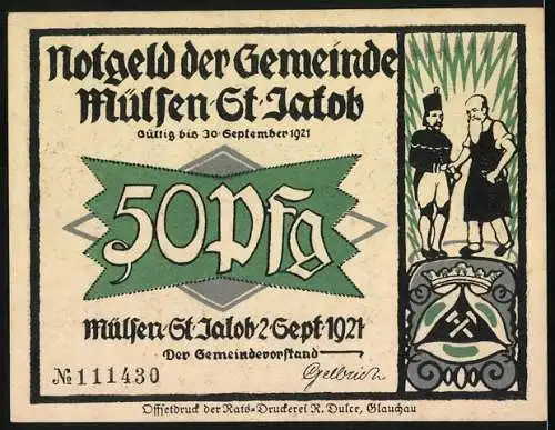 Notgeld Mülsen-St. Jacob 1921, 50 Pf, Gerichtsszene, Wappen und Arbeiter-Motiv