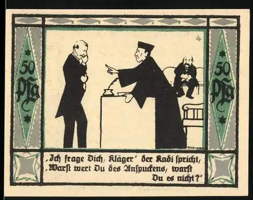 Notgeld Mülsen-St. Jacob, 1921, 50 Pf, Illustration von Gerichtsszene mit Spruch und Wappen mit zwei Löwen