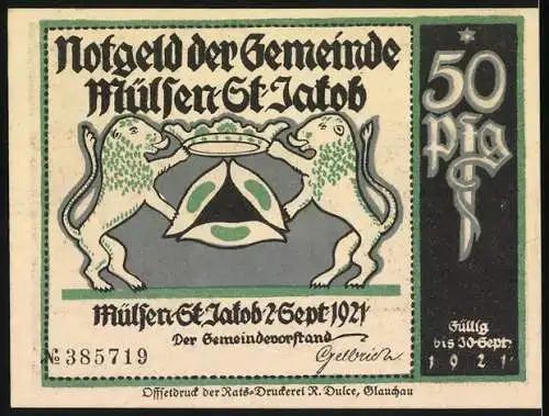 Notgeld Mülsen-St. Jacob, 1921, 50 Pf, Illustration von Gerichtsszene mit Spruch und Wappen mit zwei Löwen