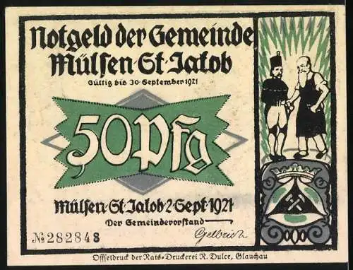 Notgeld Mülsen-St. Jakob, 1921, 50 Pf, Männer am Tisch und Freunde reichen sich die Hand