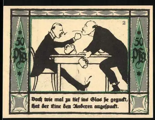 Notgeld Mülsen-St. Jakob 1921, 50 Pf, zwei Männer an einem Tisch, Löwenwappen und Schriftzüge